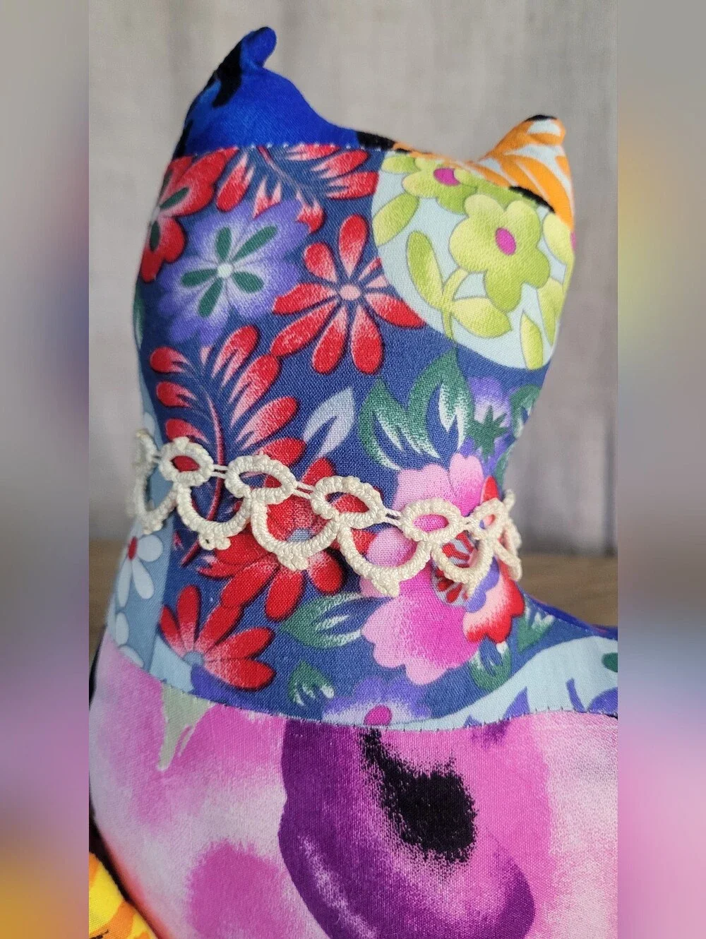 Vintage Handmade Multicolor Patchwork Cat Decorative - Home Accents 80s